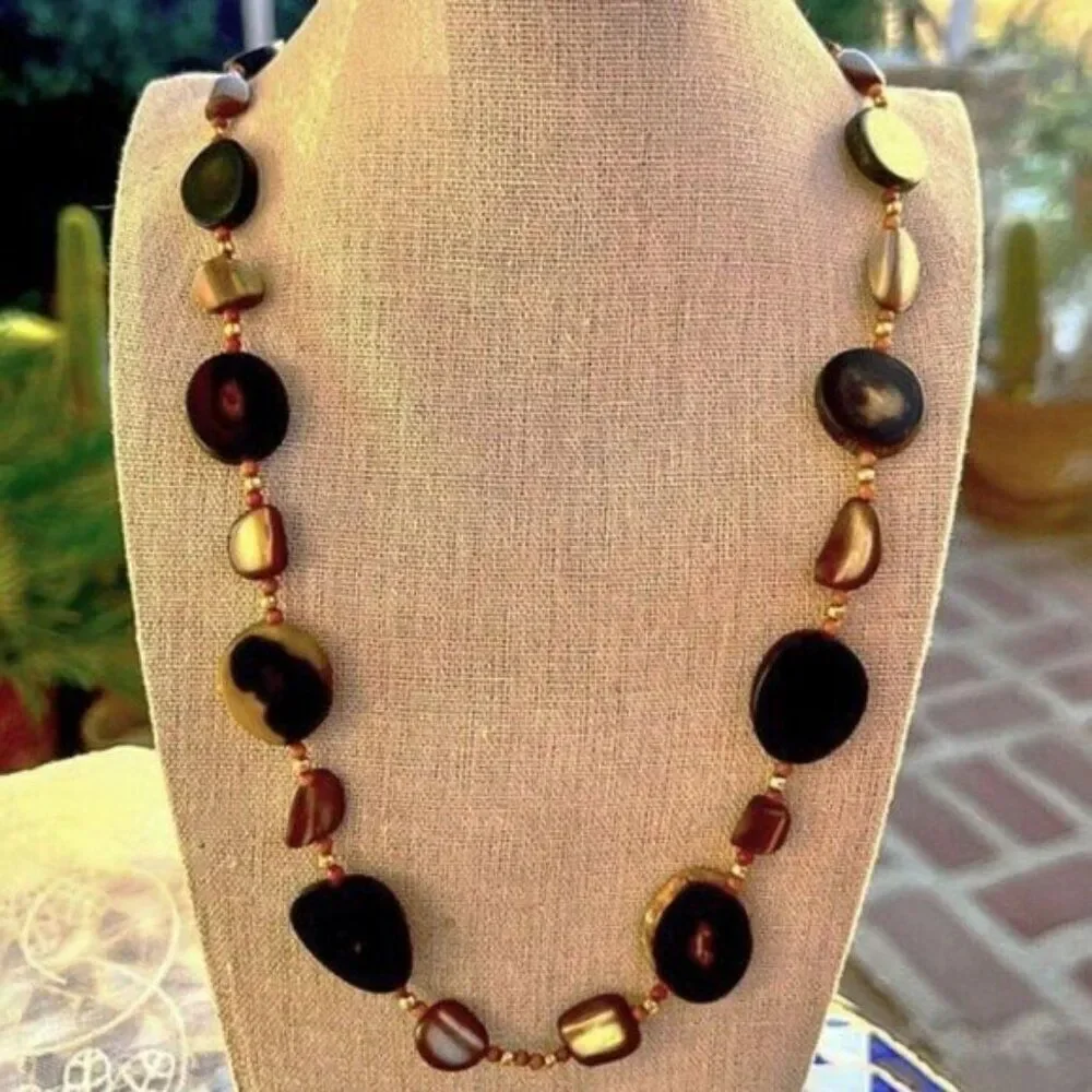 Vintage 70's Natural Horn, Coral & Abalone Shell Necklace 25”